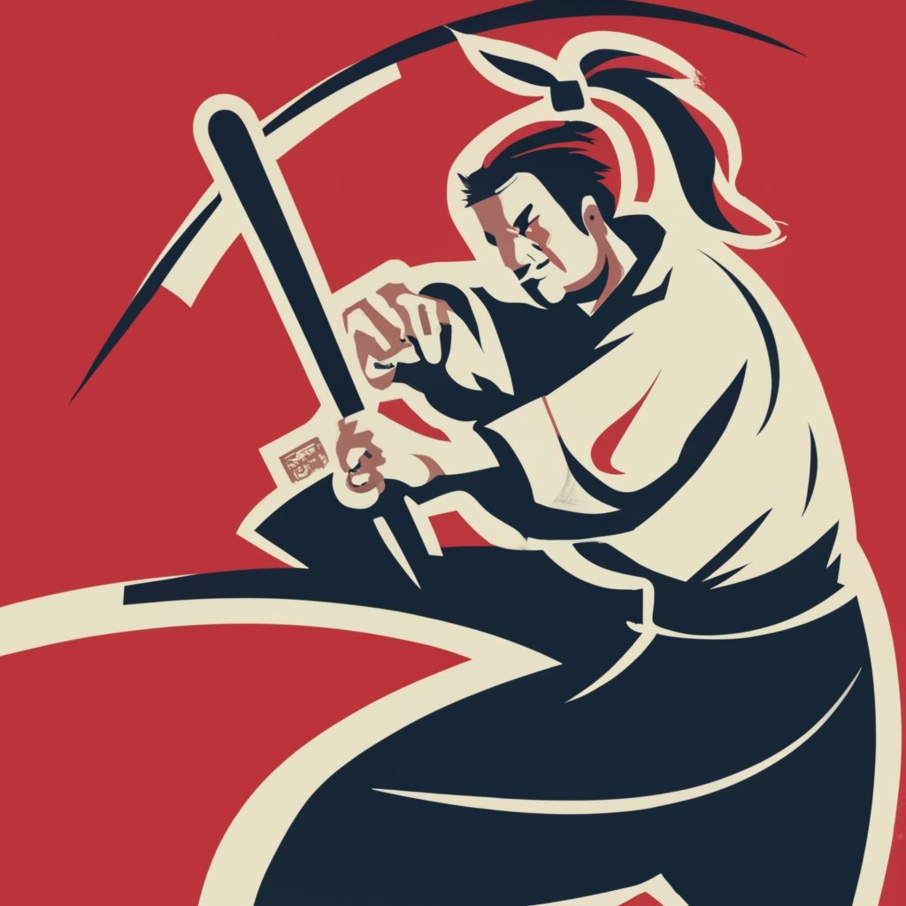 Graphic of man man practicing martial arts with a weapon