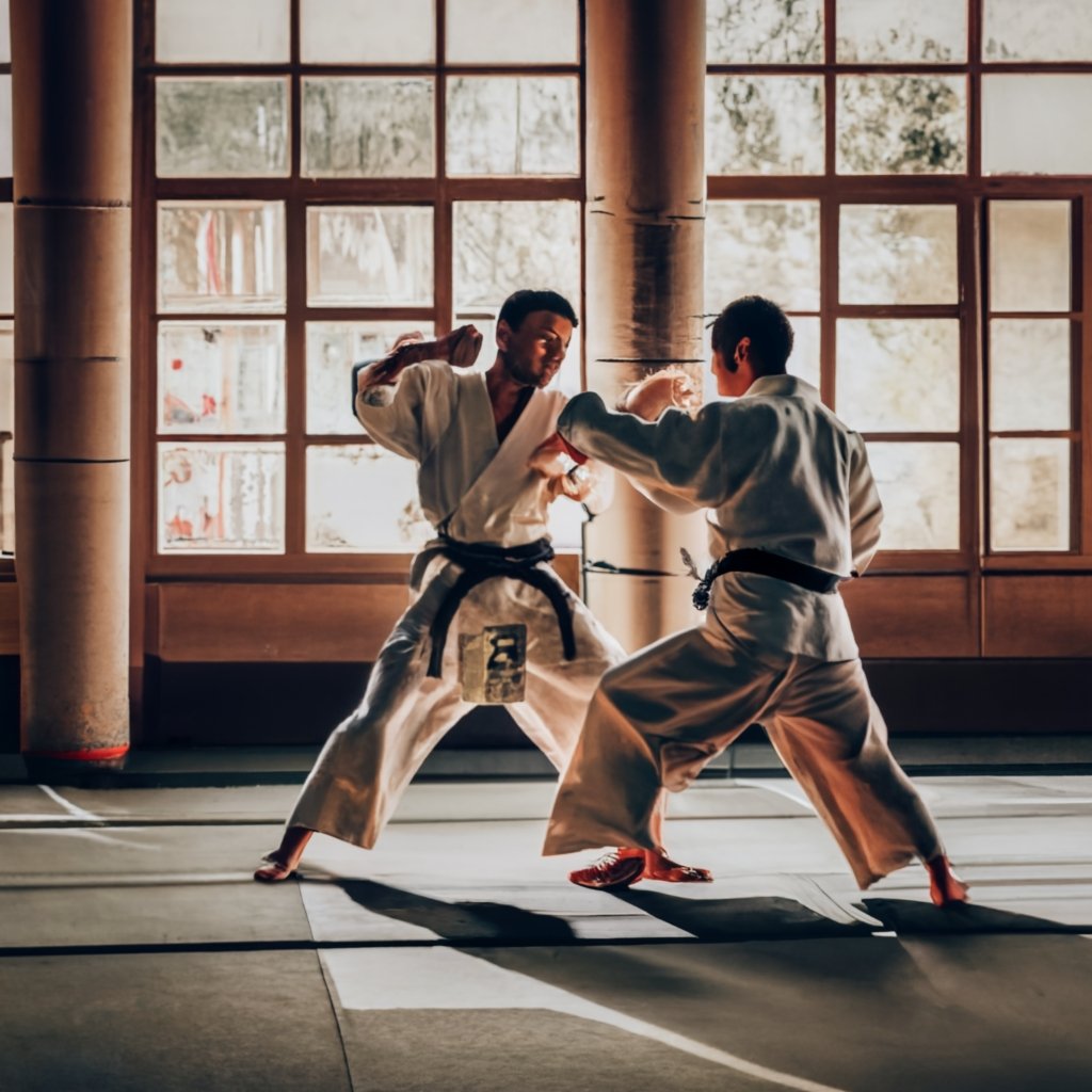 Two karate-ka sparring in a dojo